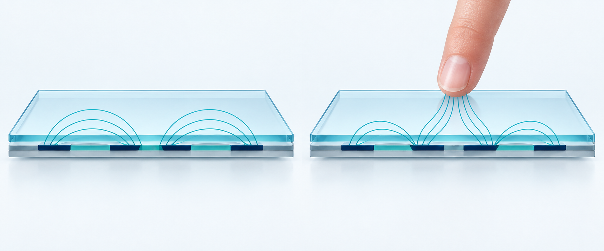 Conceptual capacitive sensing comparison: electric-field curves above a flat bonded panel without a finger, then changed field coupling with a finger touching the rigid cover. No layers bend or make contact.