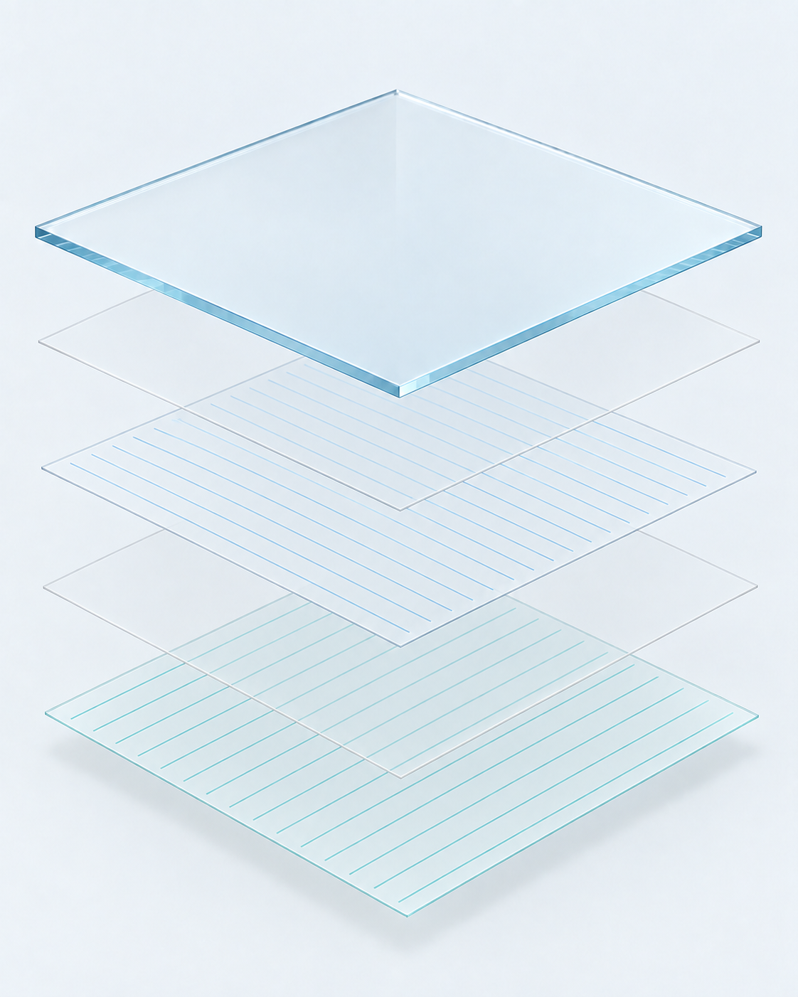 Five-layer glass-film-film PCAP construction, cover glass at the top, with five directly labeled layers and a numbered key on mobile