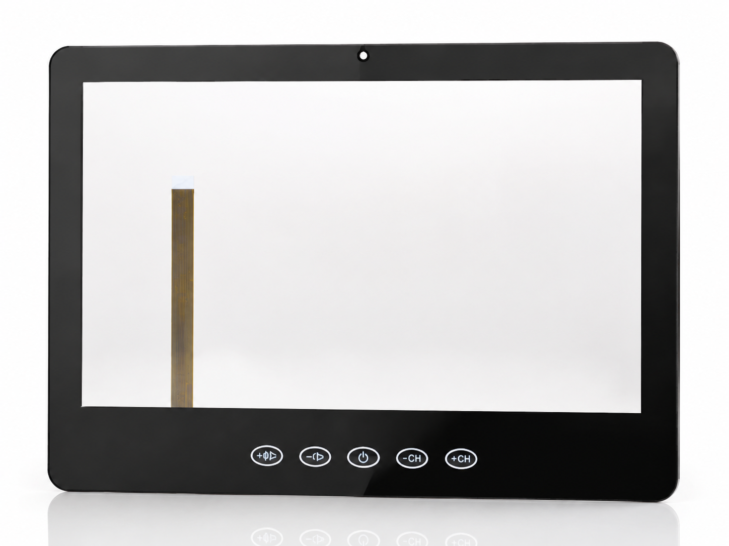 Photorealistic concept of a custom glass touch front panel with a camera aperture and five printed function keys