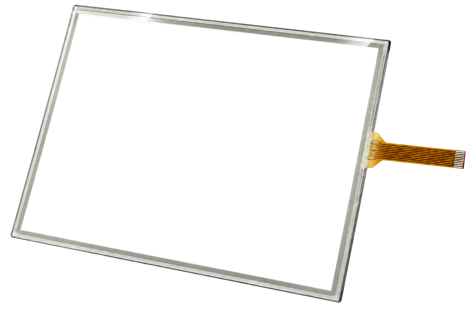 Illustration of a resistive touch panel with transparent glass and a flexible connector tail
