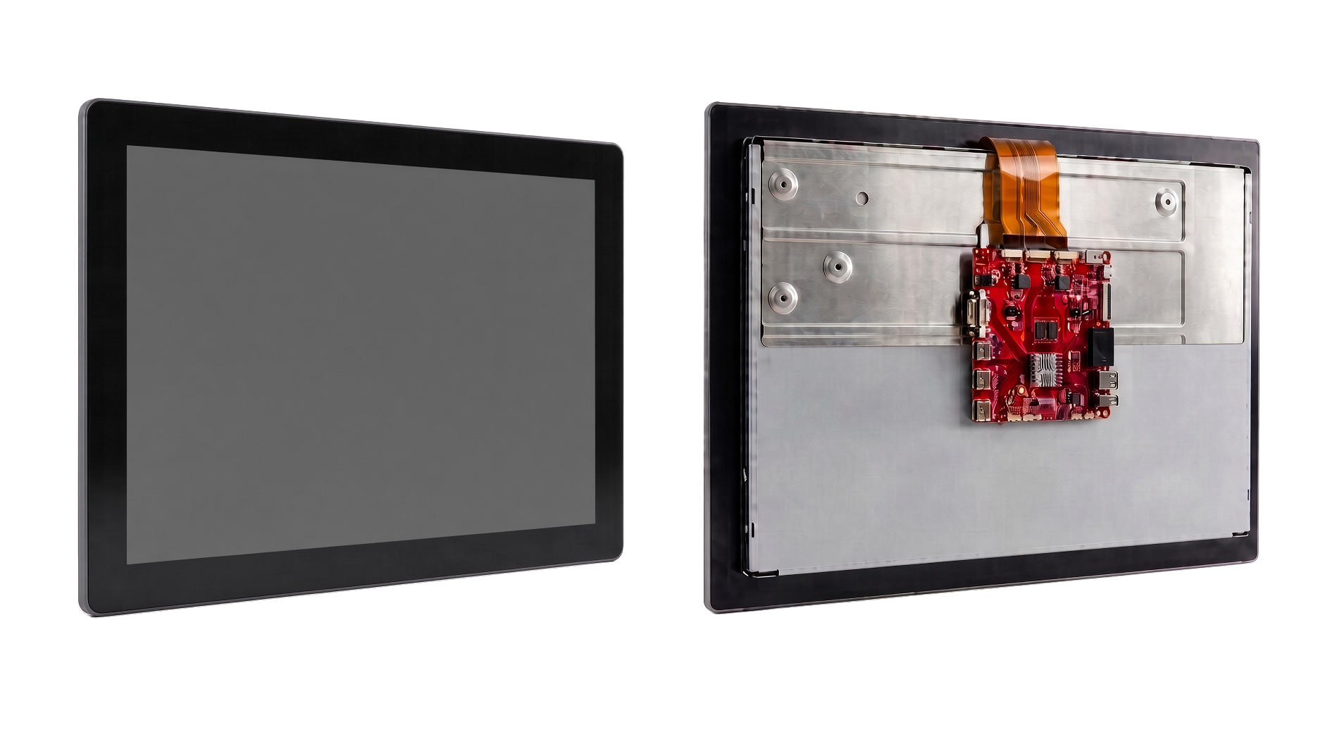 Front and rear views of a touch display module with an unpowered screen