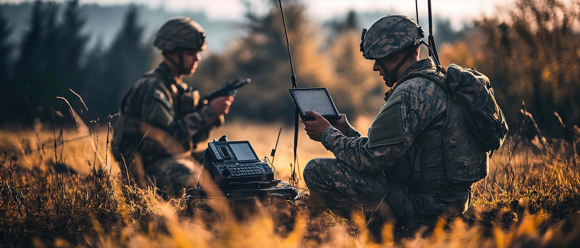 Defense personnel operating rugged field communication and touchscreen equipment